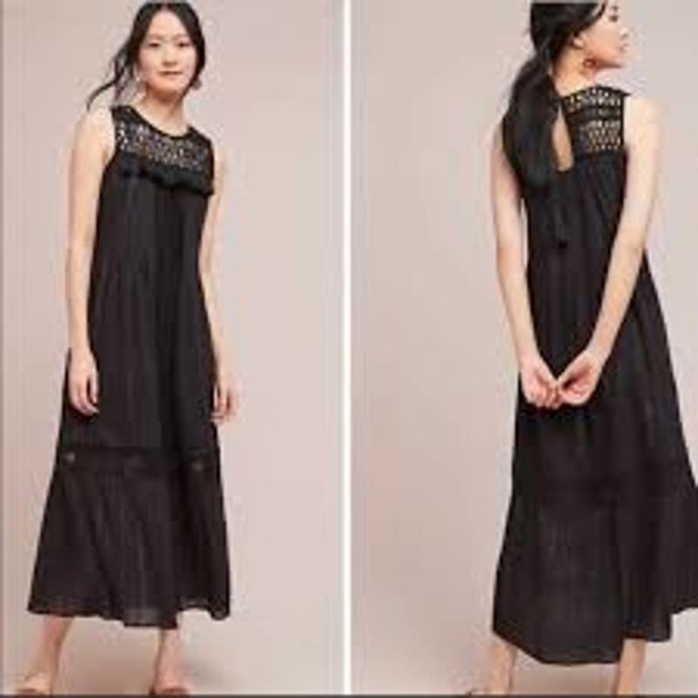 Maeve Abilene Tassel Midi Black Woven Neck Dress